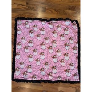 Pink Leopard Santa Baby Blanket Black Ruffle Edge Christmas Holiday carseat crib